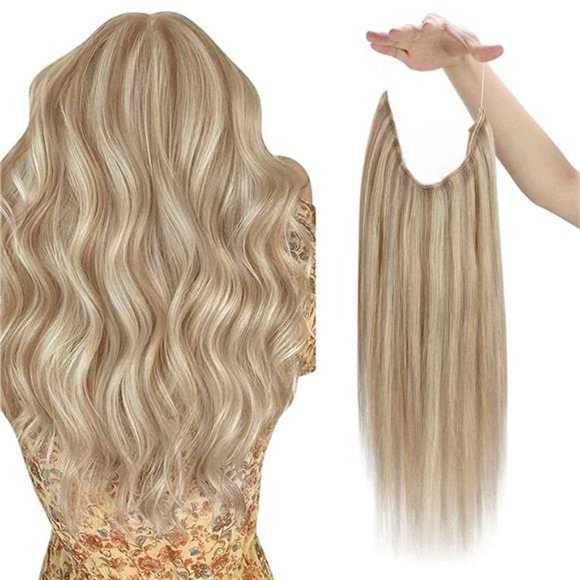Fish Line Hair Extension Human Hair #18/613 Warm Ash Blonde Highlights18inch 80g